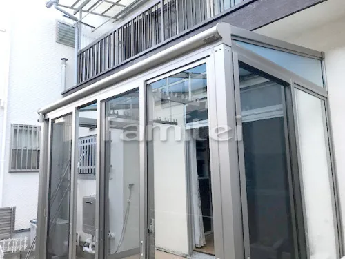 神戸市須磨区 エクステリア工事 ガーデンルーム YKKAP サンフィール3 F型フラット屋根 テラス囲い サンルーム 竿掛け 網戸