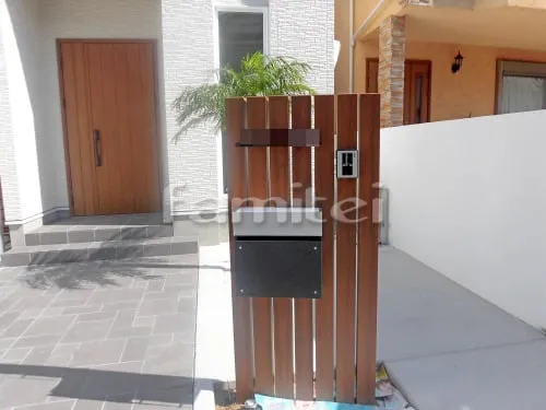尼崎市 新築シンプル オープン外構 玄関まわり 門柱 アプローチ カーポート フェンス ウッドデッキ 立水栓