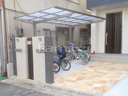 八尾市 新築シンプル オープン外構 玄関まわり 門柱 アプローチ カーポート
