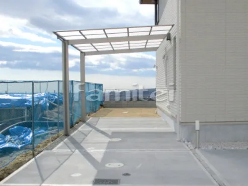 宝塚市 新築シンプル オープン外構 門柱 アプローチ カーポート サイクルポート 植栽