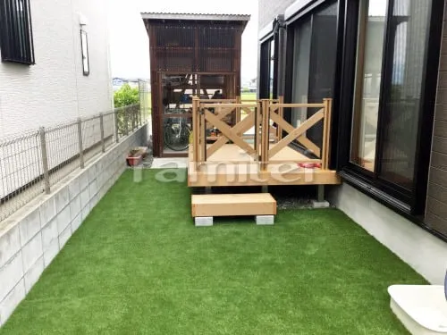 高島市 新築ベーシック オープン外構 カーポート 土間コンクリート デッキフェンス 人工芝 花壇