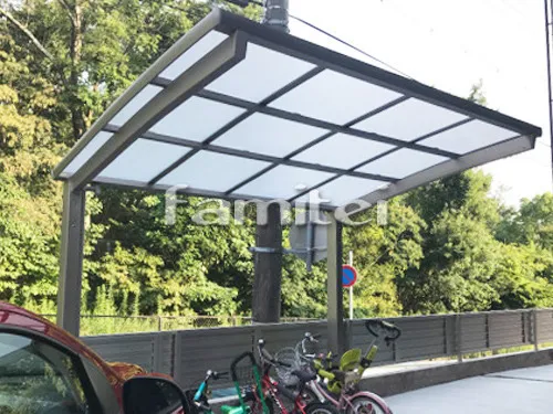神戸市西区 新築シンプル オープン外構 門柱 壁タイル貼り自転車バイク屋根　LIXILリクシル ネスカR 駐車場土間コンクリート