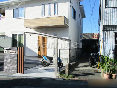 岸和田市 新築シンプル オープン外構 門柱 カーポート サイクルポート ウッドデッキ テラス屋根 物置