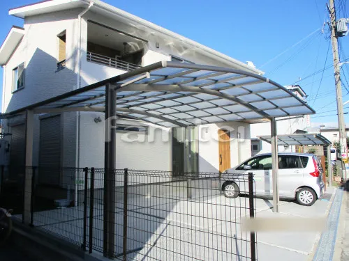 岸和田市 新築シンプル オープン外構 門柱 カーポート サイクルポート ウッドデッキ テラス屋根 物置