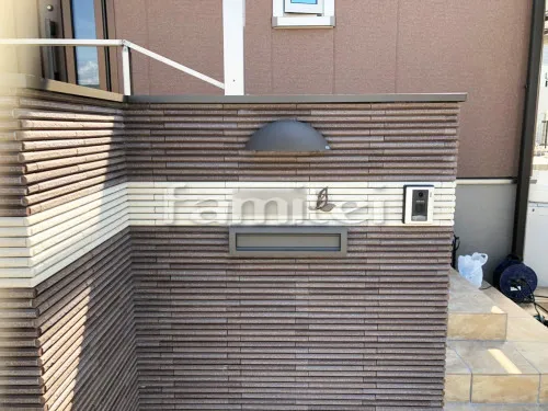 木津川市 新築シンプル オープン外構 モダン門柱 壁タイル貼り LIXILリクシル はるかべくん 細割ボーダー