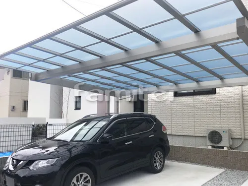 香芝市 エクステリア工事 カーポート YKKAP エフルージュEX 後柱仕様 横2台用(ワイド ツイン) F型フラット屋根