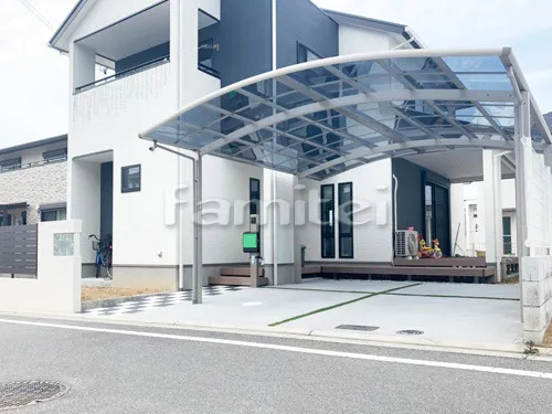 木津川市 リフォーム部分外構 機能門柱 ガラスブロック アプローチ　カーポート YKKレイナポート横2台
