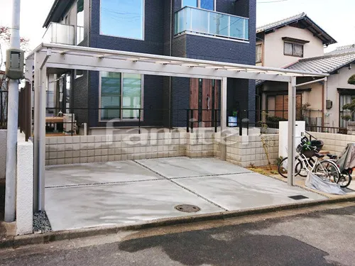 奈良市 新築シンプル オープン外構 洋風塗り壁門柱 笠木　カーポート YKKAP エフルージュグラン 横2台