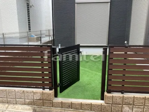 和泉市 新築シンプル オープン外構 門柱 アプローチ カーポート 目隠しフェンス 人工芝　
