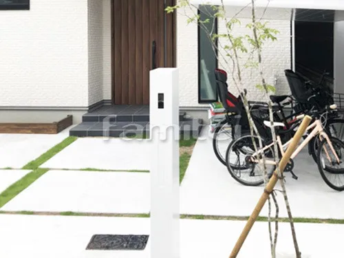 大阪市 新築ベーシック オープン外構 門柱 デザインアルミ角柱 自転車バイク屋根 LIXILリクシル カーポートSC サイクルポート F型フラット屋根