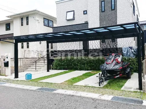 三田市 エクステリア工事 カーポート YKKAP エフルージュグラン 横3台用(ワイド トリプル) F型フラット屋根
