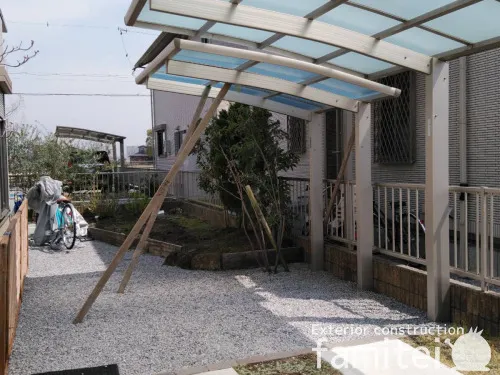 近江八幡市 エクステリア工事 自転車バイク屋根 YKKAP レイナポートグランミニ 駐輪場屋根 サイクルポート R型アール屋根