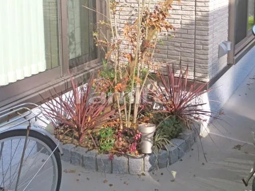 ピンコロ石花壇 グレーミカゲ カーブ曲線デザイン 下草 低木 植栽
