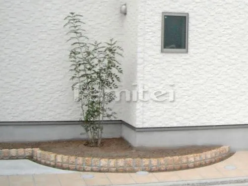 シンボルツリー シマトネリコ 常緑樹 植栽 ピンコロ石積み花壇 サビミカゲ カーブ曲線デザイン
