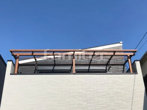 フル木製調ベランダ屋根 YKKAP サザンテラス フレームタイプ 2階用 F型フラット屋根 物干し ポリカーボネート板取付