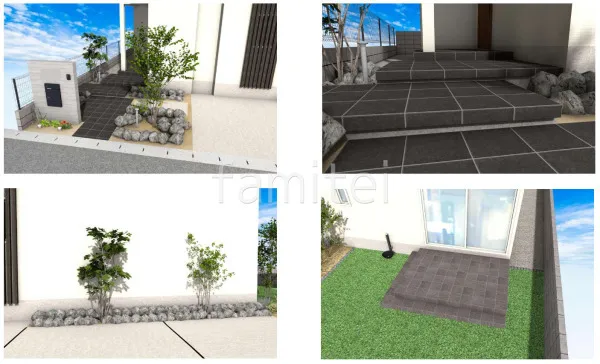 タイル門柱 玄関アプローチ階段 床タイル貼り カーポート1台用 駐車場ガレージ床 土間コンクリート タイルデッキ 立水栓 人工芝 防草シート加工 シンボルツリー 低木 下草 ゴロタ石