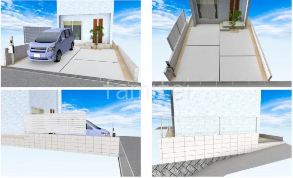 機能門柱 玄関アプローチ 駐車場ガレージ床 土間コンクリート 玄関ポーチ階段 床タイル貼り 目隠しフェンス塀 境界フェンス塀 CBブロック積