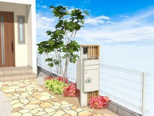 アプローチ　乱形石　宅配ボックス付き機能門柱