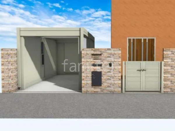 タイル門柱　両開き門扉　ガレージ