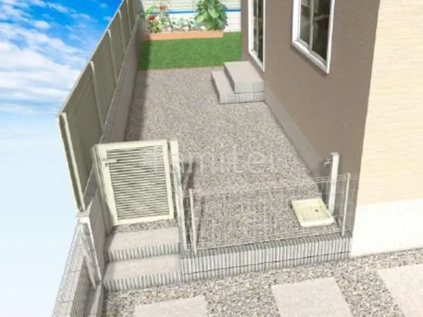 片開き門扉 メッシュフェンス 化粧ブロック階段