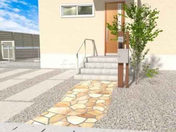 アプローチ 乱形石 角柱門柱 シンボルツリー