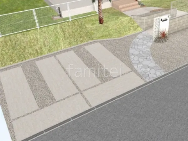 土間コンクリート　轍　アプローチ　乱形石