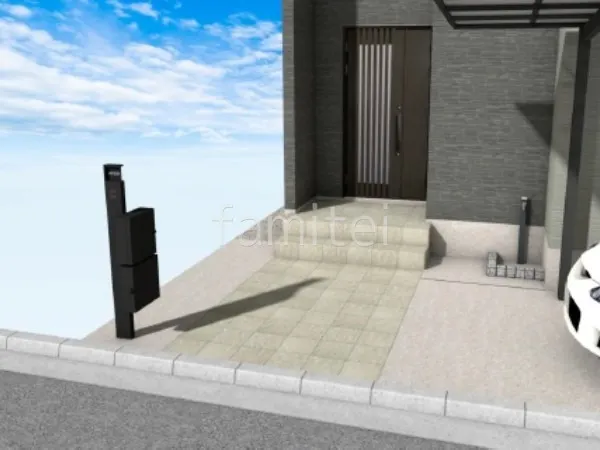 アプローチ タイル貼り 宅配ボックス付き機能門柱