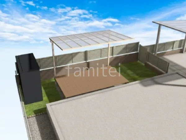 ウッドデッキ 1階用テラス屋根 物置 人工芝 片開き門扉