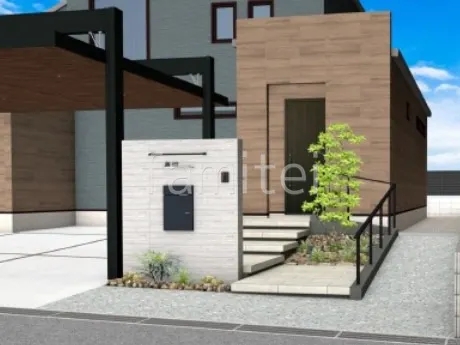 タイル門柱　浮遊階段　手すり　スロープ　洗出し仕上げ