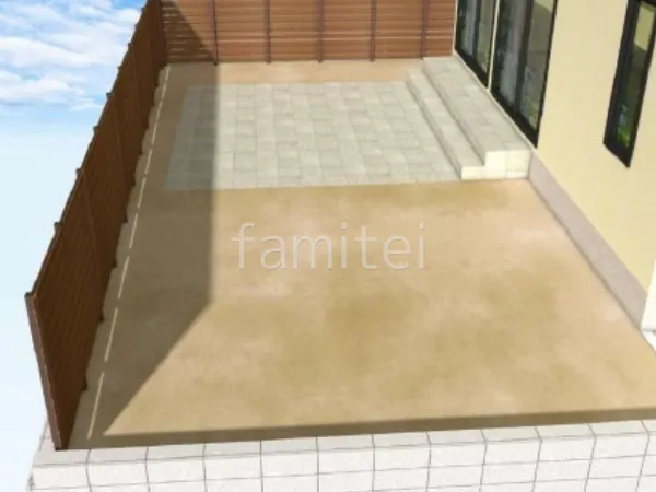 目隠しフェンス　床タイル貼り　タイル貼り階段