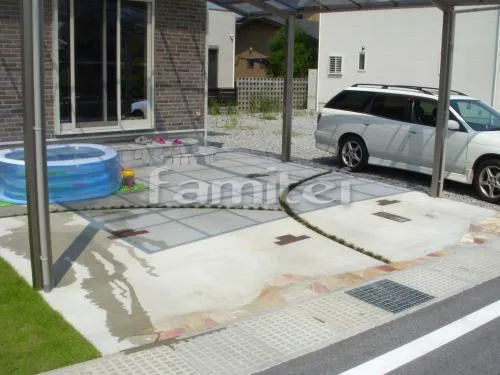 車庫土間コンクリート 乱形石貼り 草目地 タマリュウ