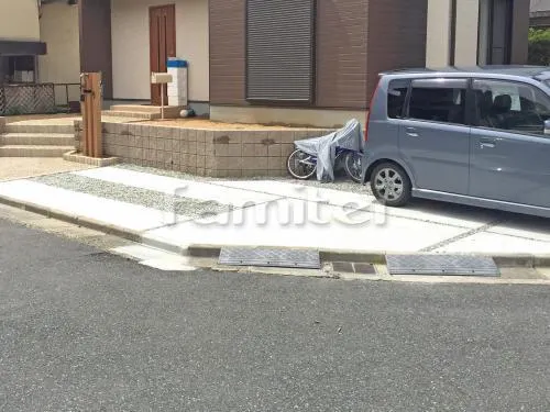 駐車場ガレージ床 轍(わだち) 土間コンクリート 防犯砂利目地 バラス砕石敷きデザイン