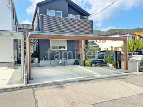 カーポート２台(ワイド) ツイン 三協アルミ 木製調 スカイリード 奥行勾配 両側支持 フラット屋根