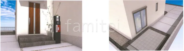 玄関アプローチ 駐車場ガレージ床 土間コンクリート 玄関ポーチ階段 床タイル貼り サイクルポート 境界フェンス塀 CBブロック積 タイルデッキ