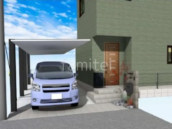 縦2台用カーポート　タイル門柱