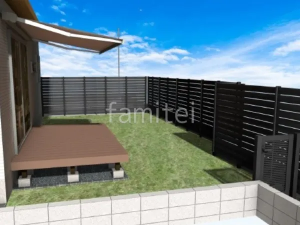 ウッドデッキ オーニング 人工芝 目隠しフェンス