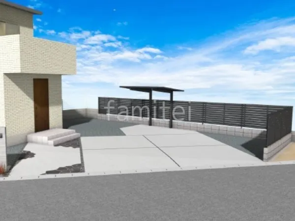 サイクルポート　アプローチ　乱形石　目隠しフェンス