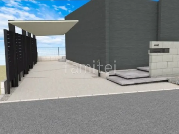 縦2台用カーポート　浮遊階段