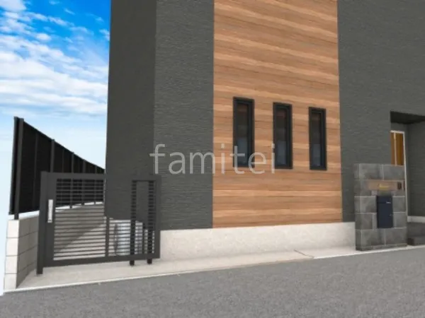 スライド門扉　タイル門柱