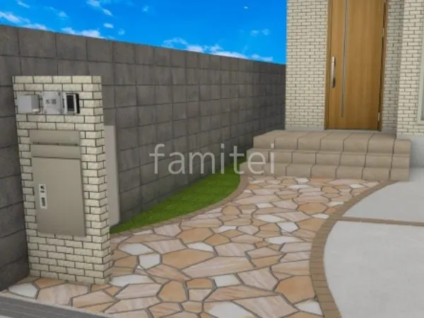 アプローチ 乱形石 人工芝