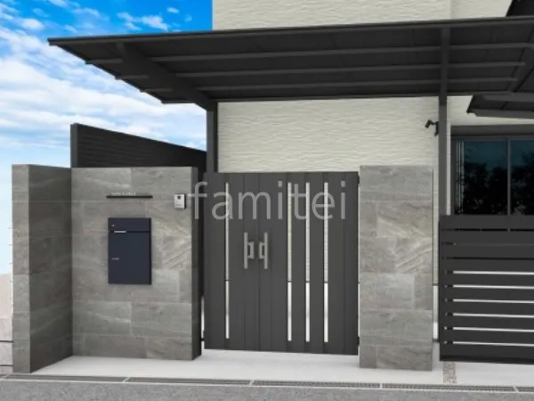 1台用カーポート　タイル門柱　親子開き門扉