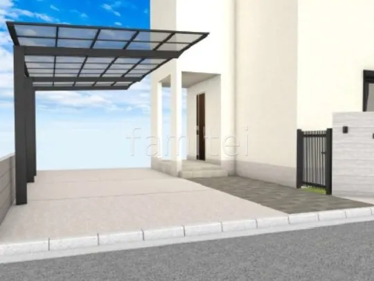 1.5台用カーポート　アプローチ　タイル貼り