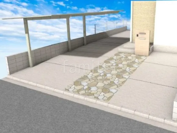 1.5台用カーポート　アプローチ　乱形石