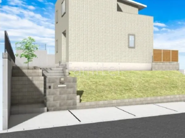 タイル門柱 法面 天然芝