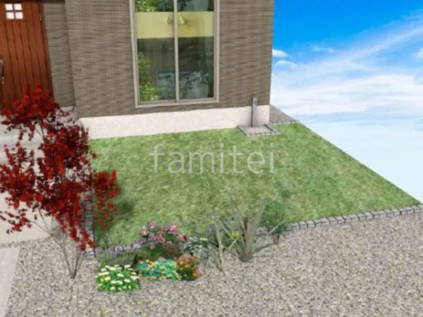 人工芝　立水栓　ピンコロ石囲い