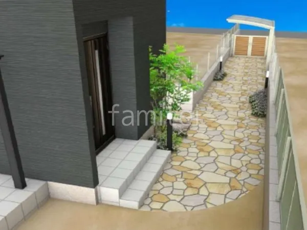 アプローチ 乱形石 ポール照明