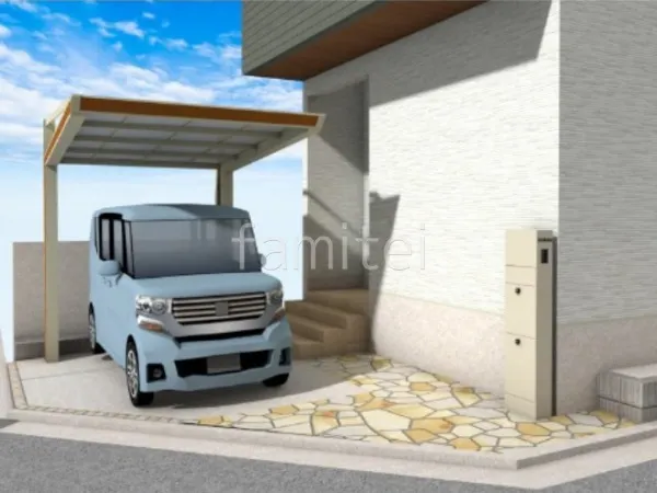 アプローチ　乱形石　宅配ボックス付き機能門柱