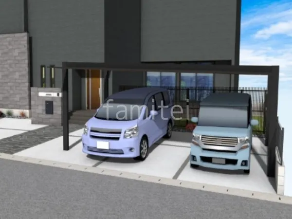 2台用カーポート 乱形石 タイル門柱