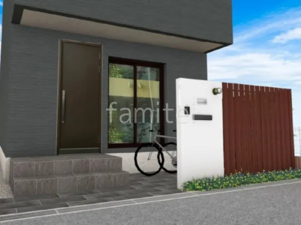 塗り壁門柱　アプローチ　タイル貼り