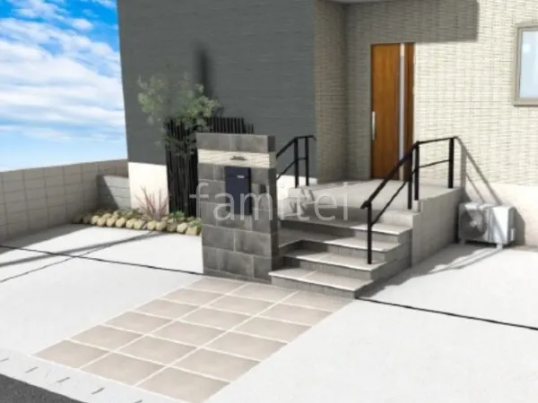 アプローチ　タイル　浮遊階段　手すり